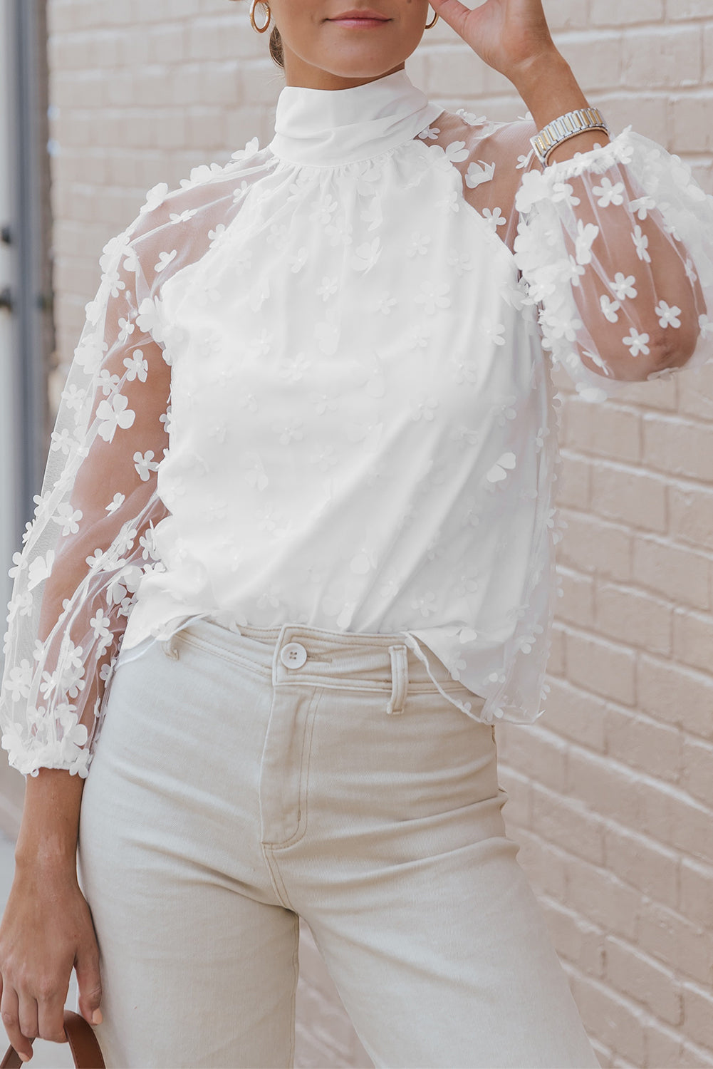 White Mock Neck Floral Mesh Long Sleeve Top-yoyobikini