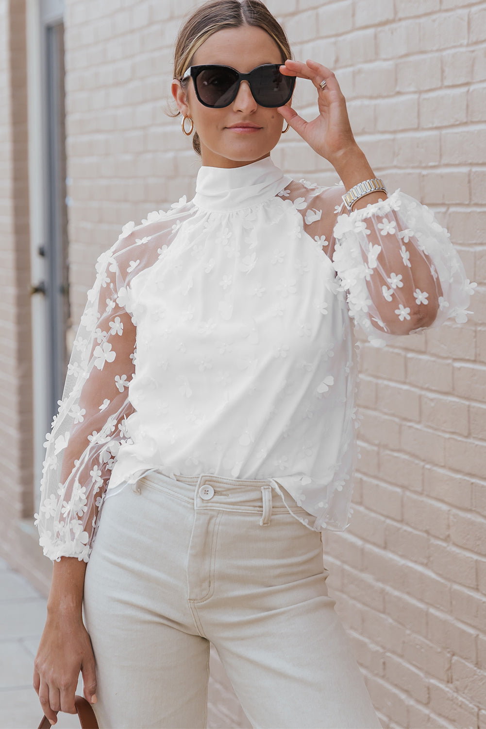 White Mock Neck Floral Mesh Long Sleeve Top-yoyobikini