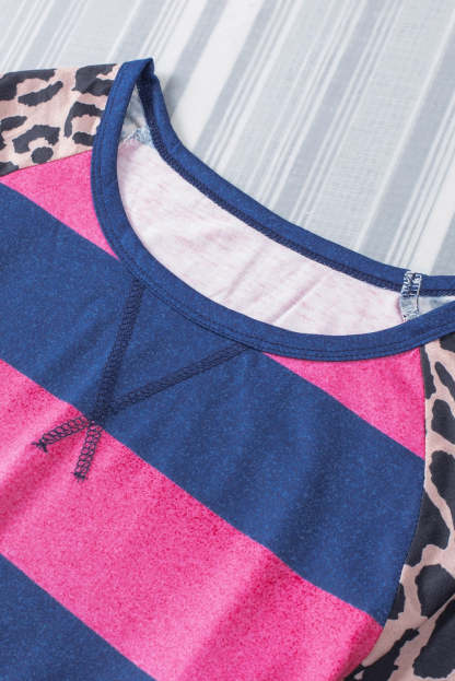 Rose Leopard Striped Patchwork Long Sleeve Top-yoyobikini