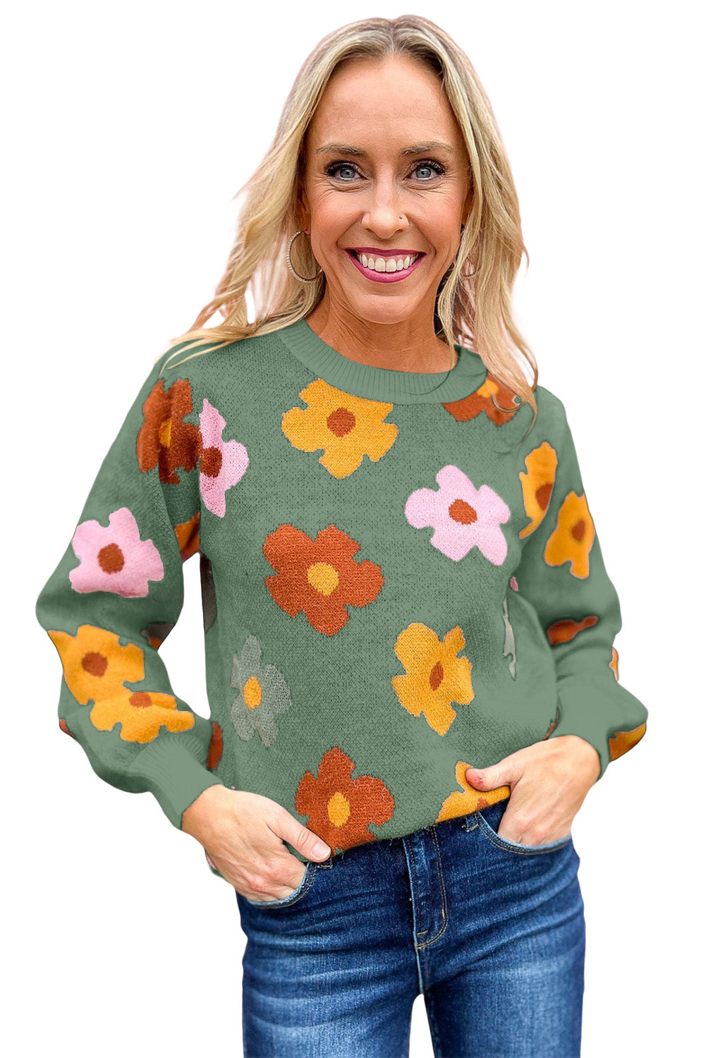 Green Sweet Flower Knitted Ribbed Hem Sweater-yoyobikini