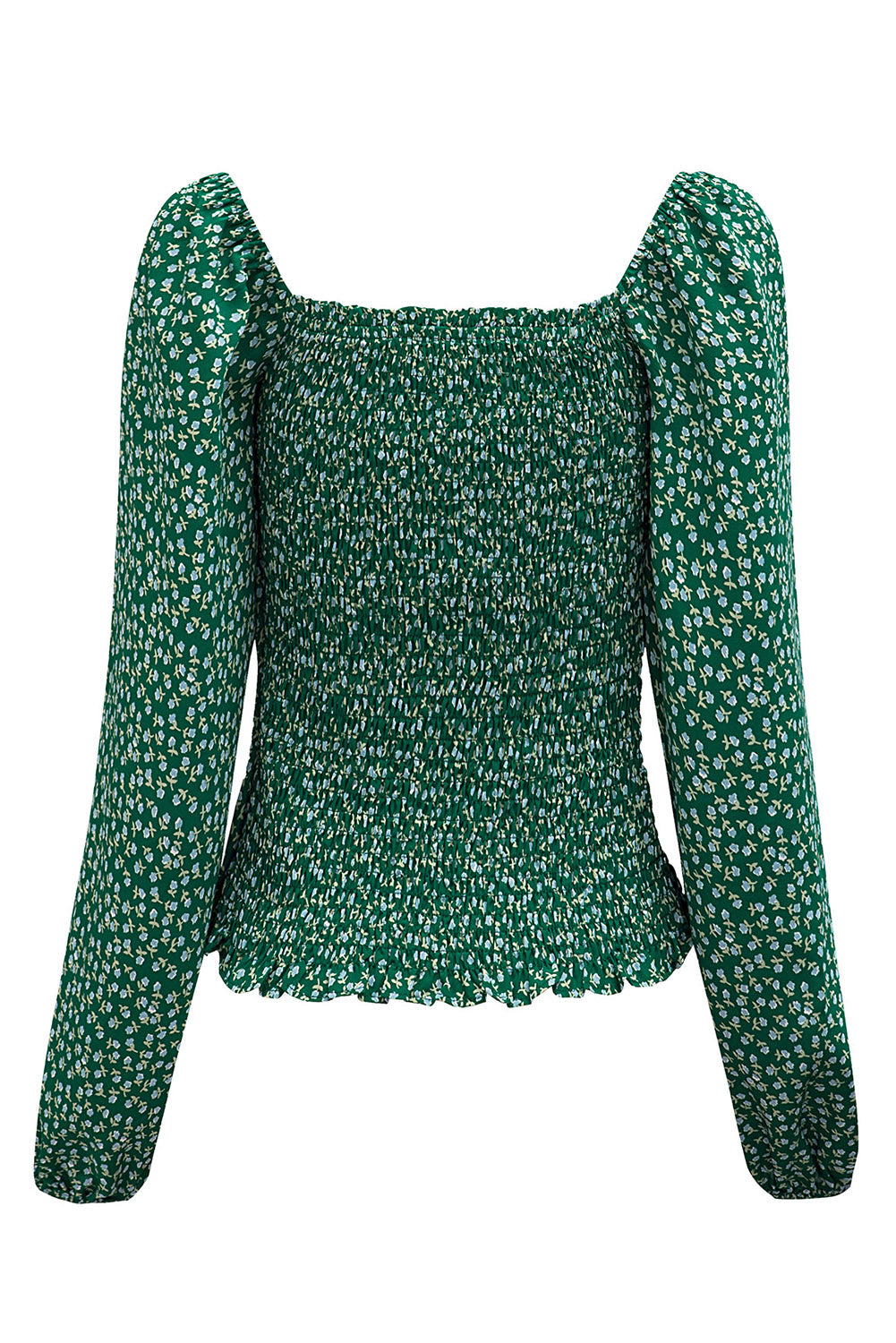 Green Square Neck Puff Sleeve Floral Smocked Top-yoyobikini