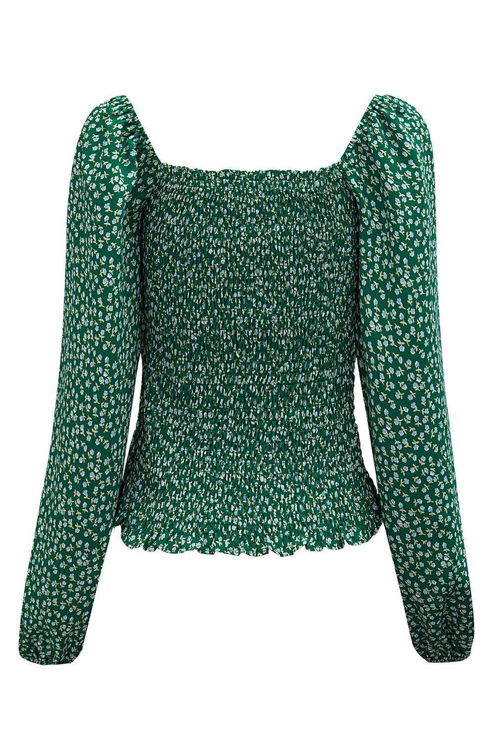 Green Square Neck Puff Sleeve Floral Smocked Top-yoyobikini