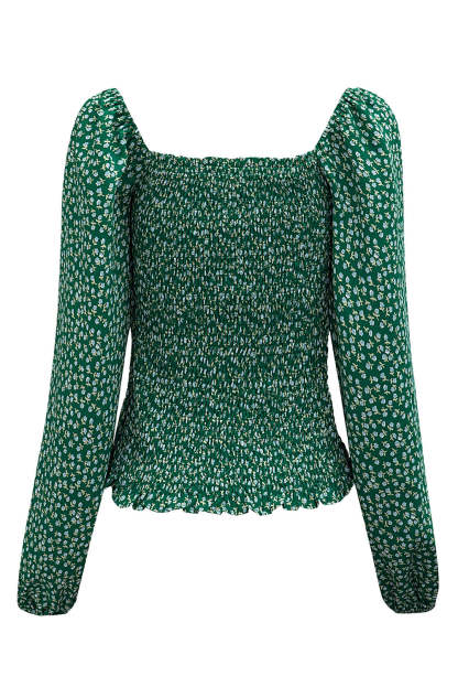 Green Square Neck Puff Sleeve Floral Smocked Top-yoyobikini
