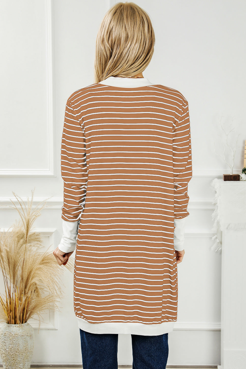 Brown Striped Side Pockets Open Front Cardigan-yoyobikini