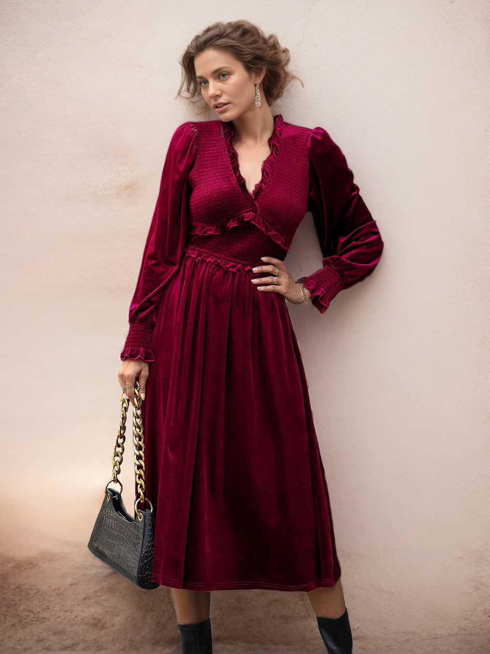 Velvet Dress V-Neck Long Sleeves Ruffles Trim A-Line Day Dresses