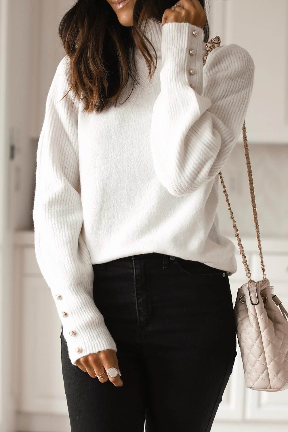 White Button Ribbed Puff Sleeve High Neck Sweater-yoyobikini