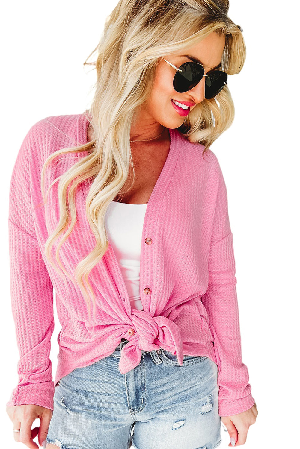 Pink Waffle Knit Dropped Shoulder Cardigan-yoyobikini