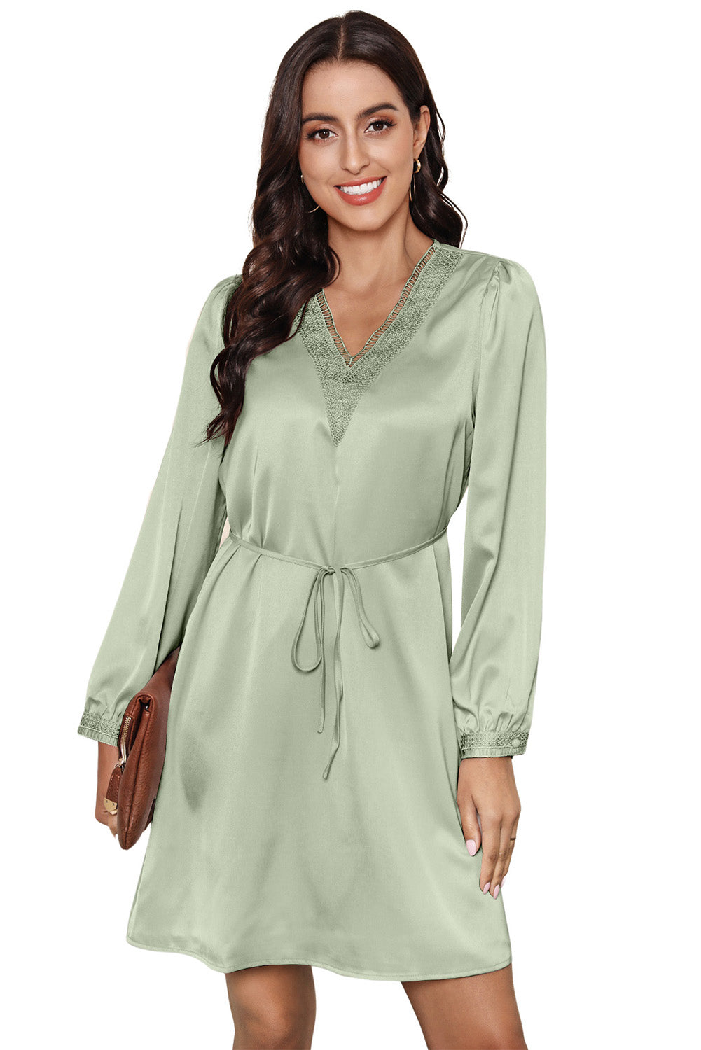 Green Lace Trim V Neck Tie Waist Long Sleeve Dress-yoyobikini