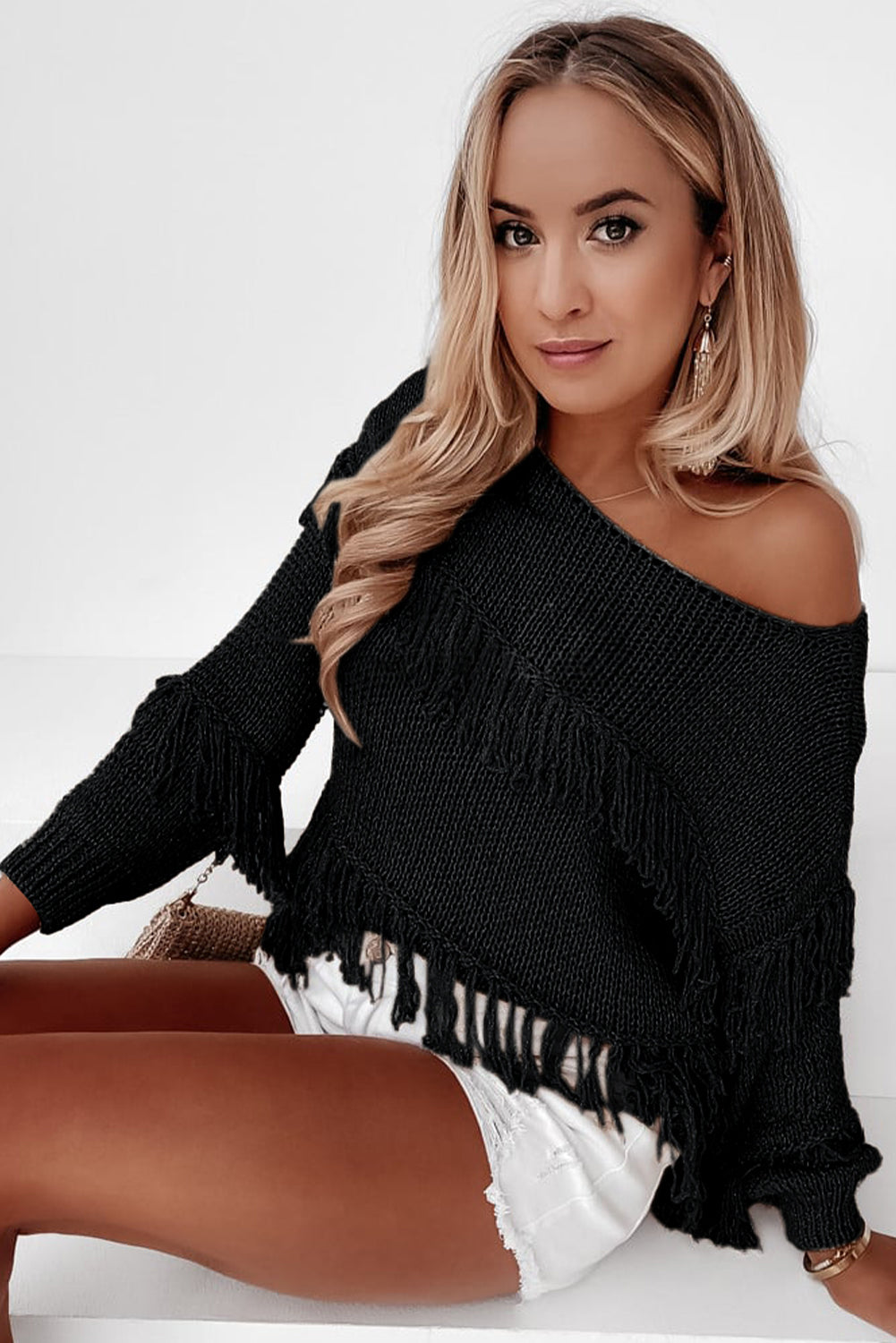 Black Boho Tasseled Knitted Sweater-yoyobikini
