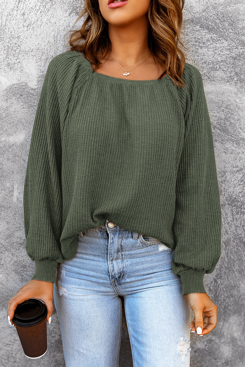 Green Scoop Neck Puff Sleeve Waffle Knit Top-yoyobikini