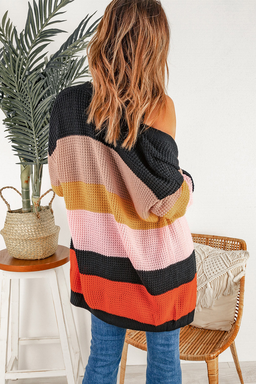 Multicolor Waffle Knit Color Block Open Front Cardigan-yoyobikini