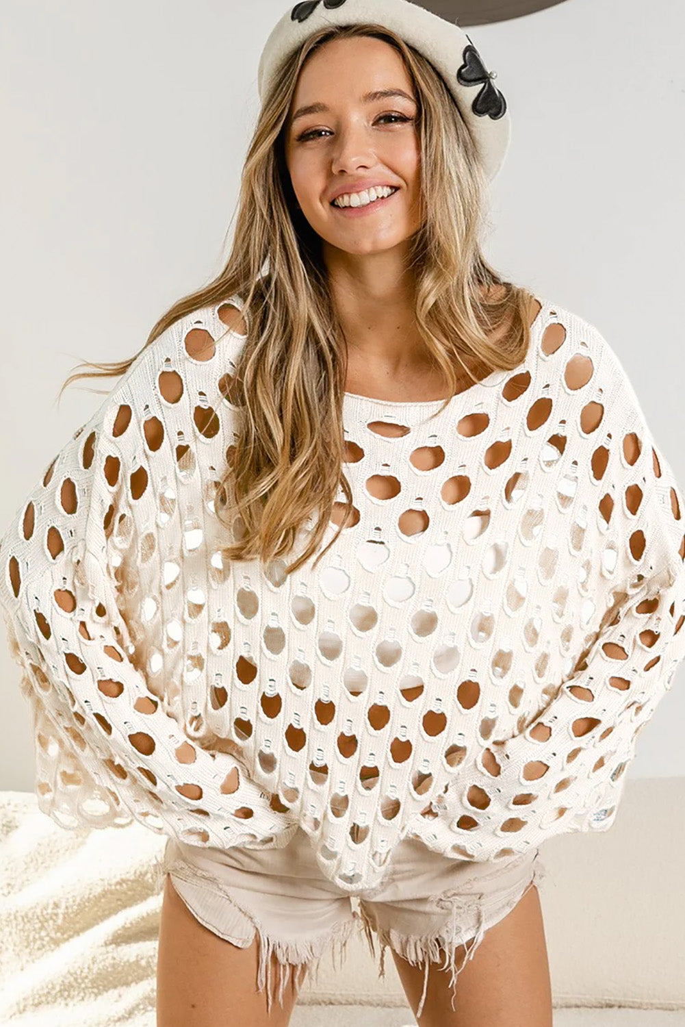 Beige Hollow-out Eyelet Knit Sweater-yoyobikini