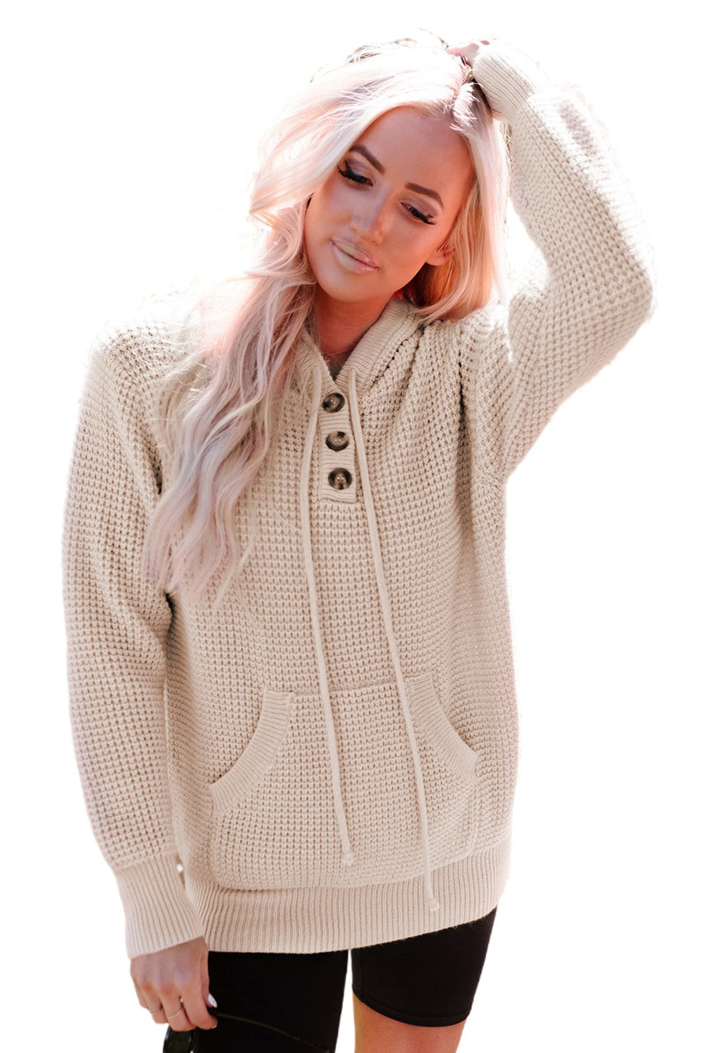 Apricot Waffle Knit Buttons Hooded Sweater with Pocket-yoyobikini