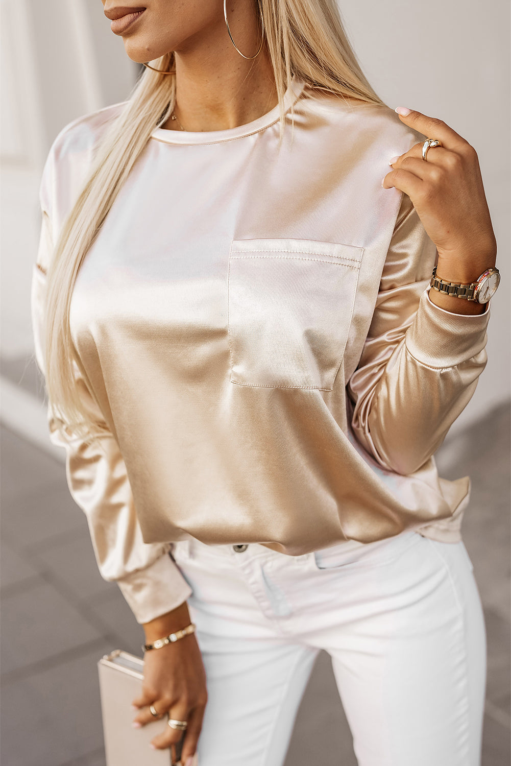 Apricot Glitter Chest Pocket Round Neck Long Sleeve Top-yoyobikini