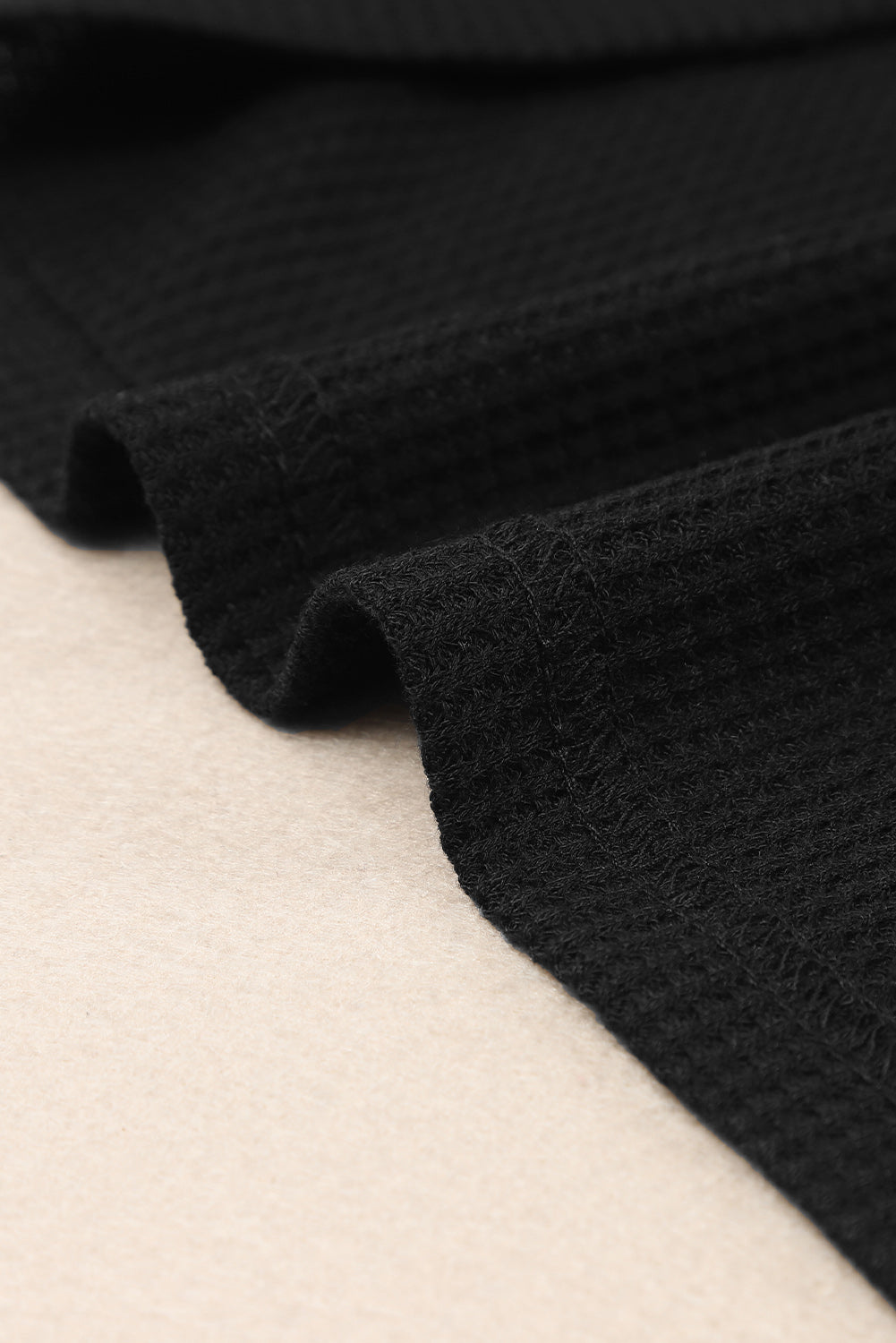 Black Scoop Neck Puff Sleeve Waffle Knit Top-yoyobikini