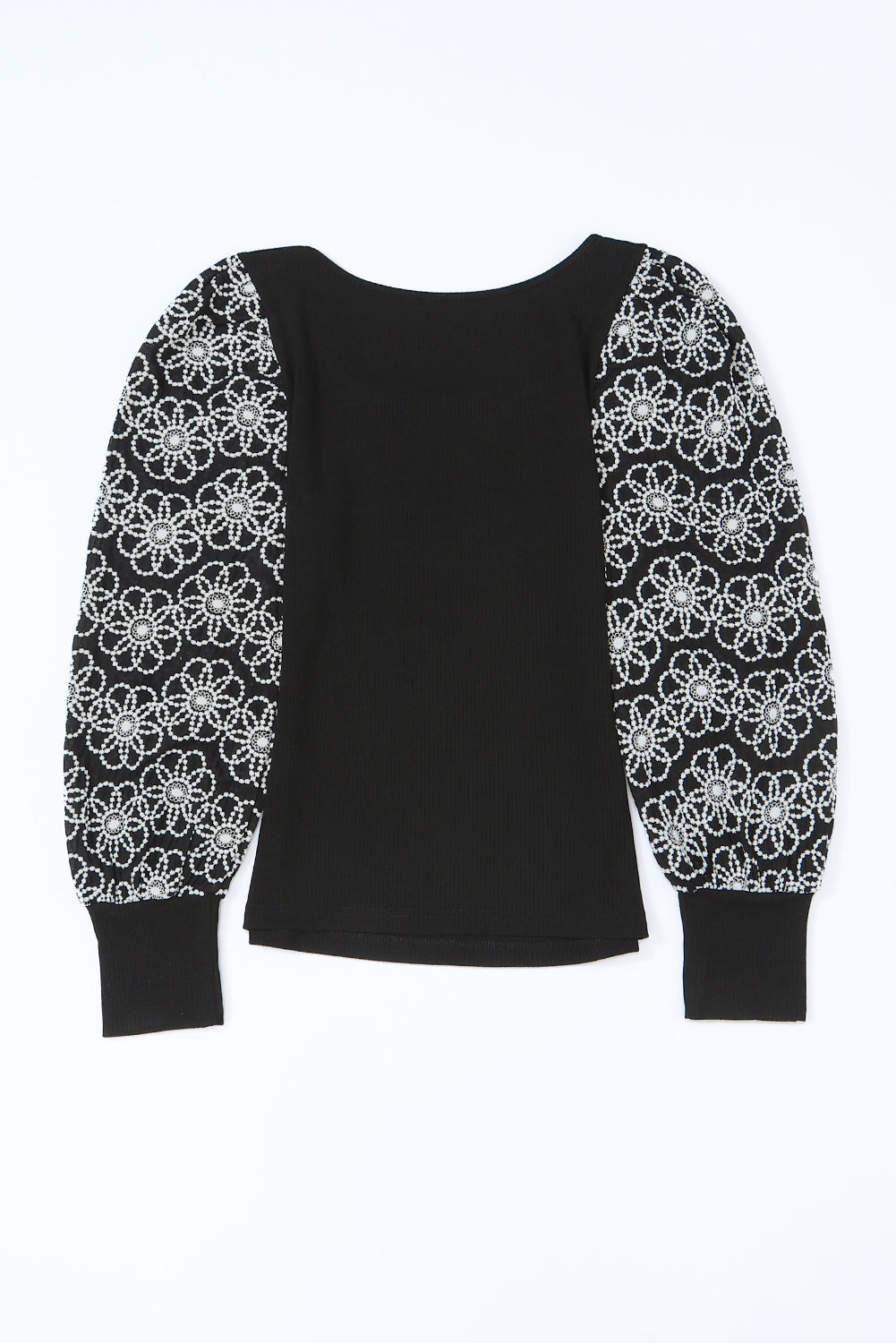 Black Flower Puff Sleeve Ribbed Knit Top-yoyobikini
