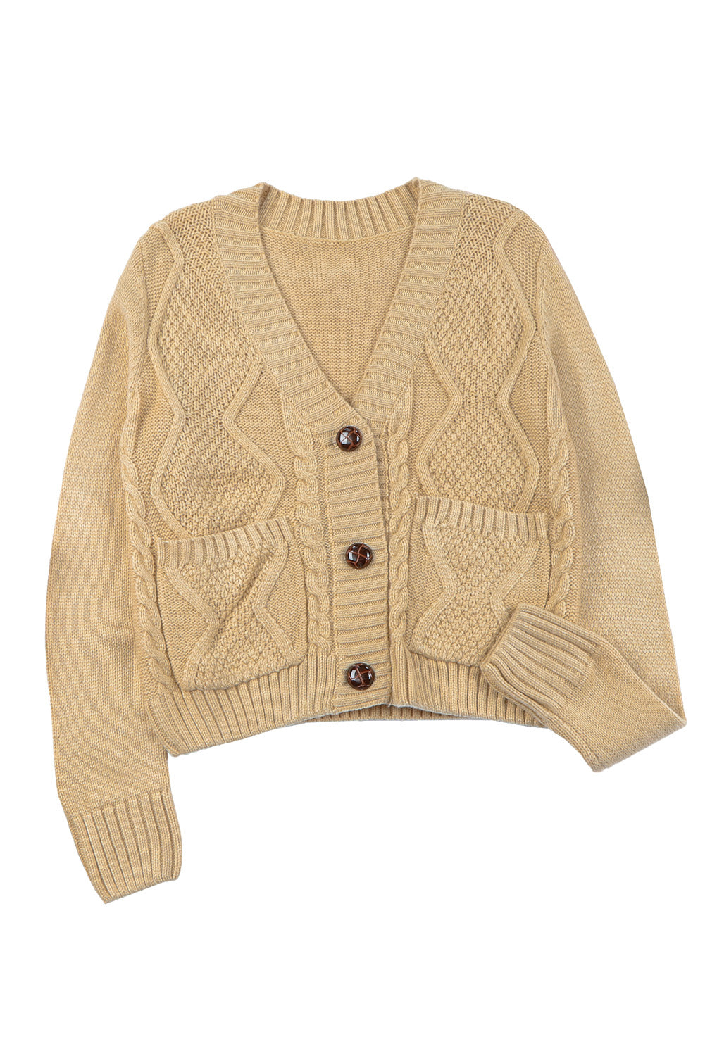 Beige Front Pockets Buttons Textured Cardigan-yoyobikini