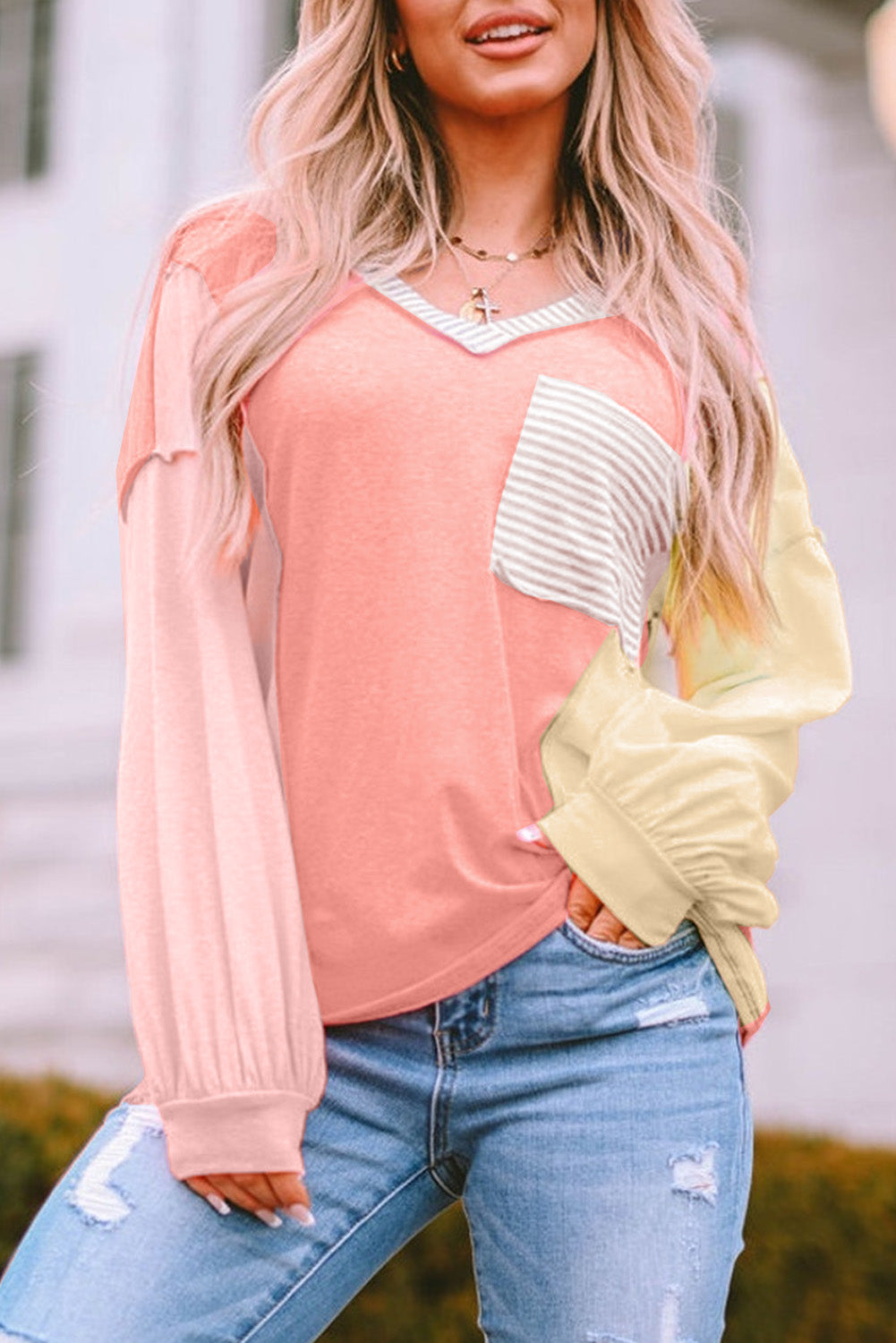 Striped Color Block Splicing Long Sleeve T Shirt-yoyobikini
