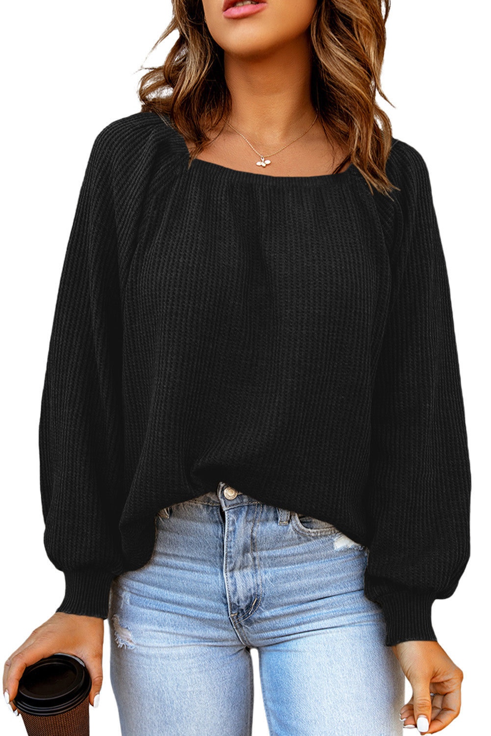 Black Scoop Neck Puff Sleeve Waffle Knit Top-yoyobikini