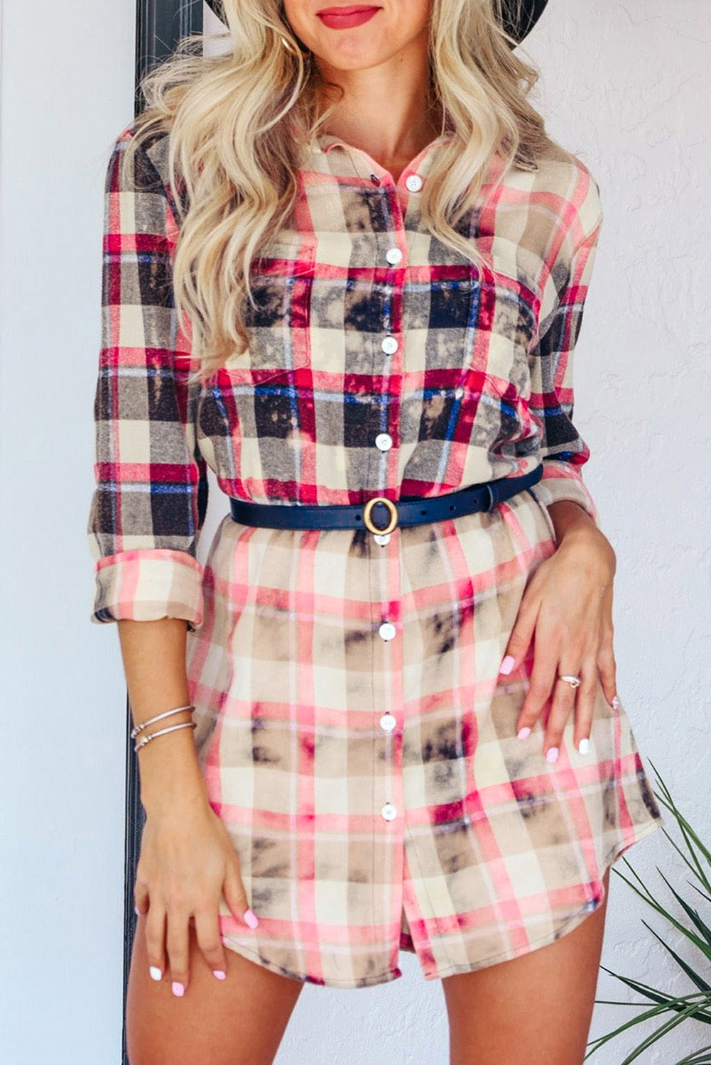 Red Gradient Plaid Print Shirt Short Dress-yoyobikini