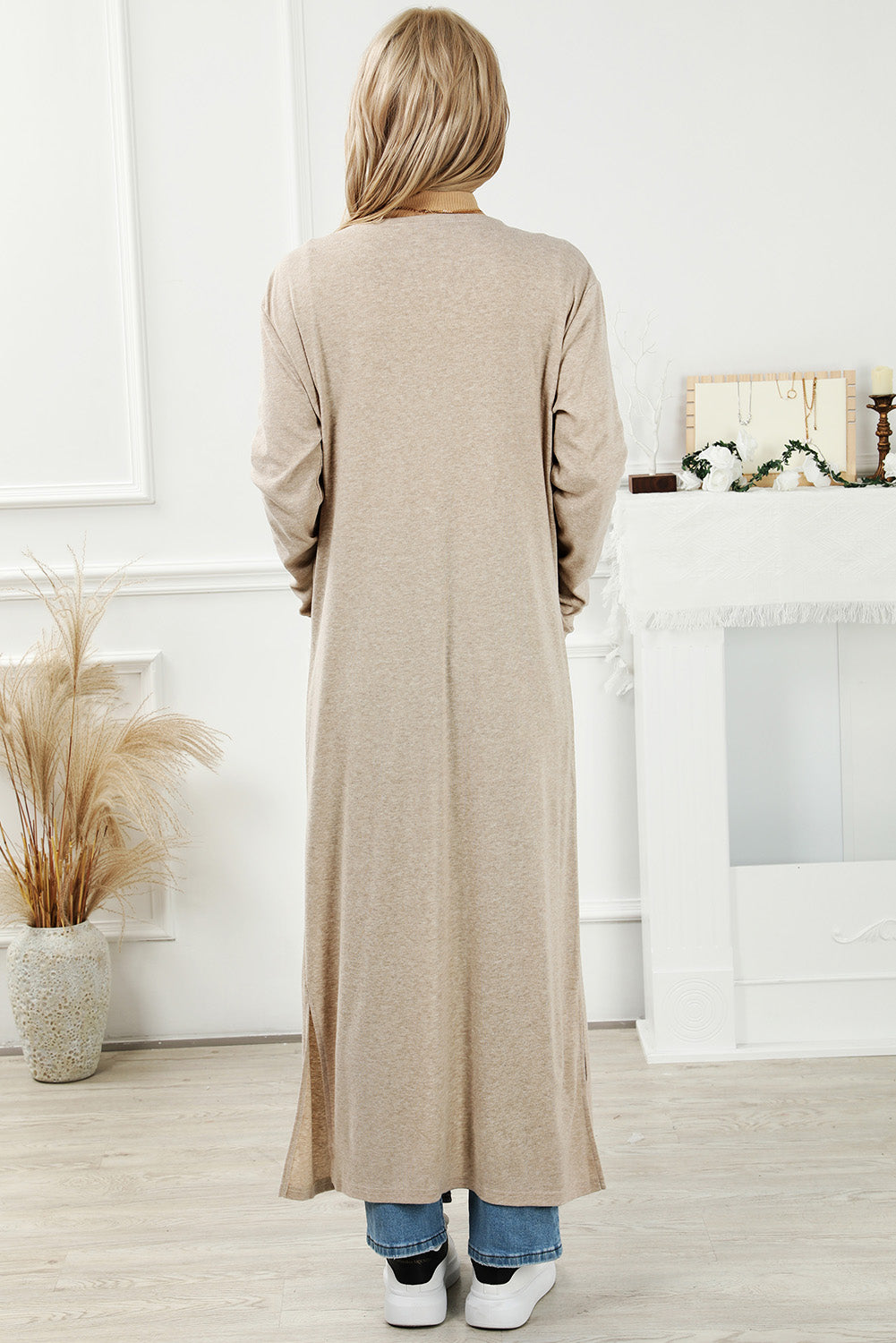 Apricot Open Front Pocketed Duster Cardigan with Slits-yoyobikini