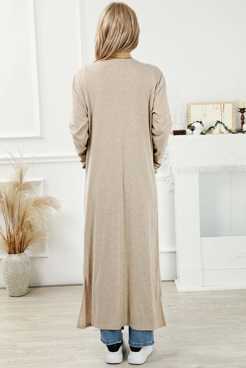 Apricot Open Front Pocketed Duster Cardigan with Slits-yoyobikini