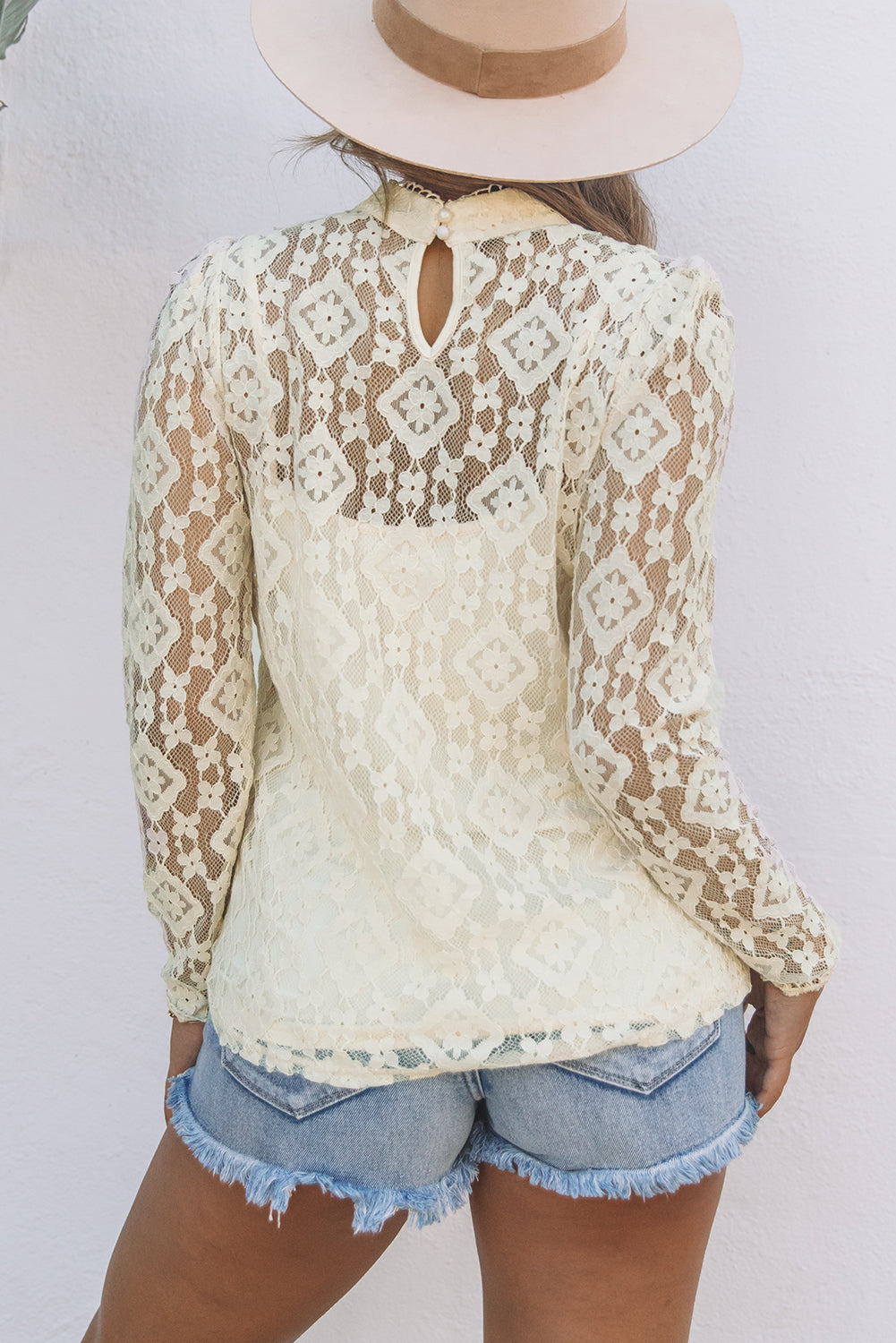 Beige Mock Neck Lace Blouse-yoyobikini