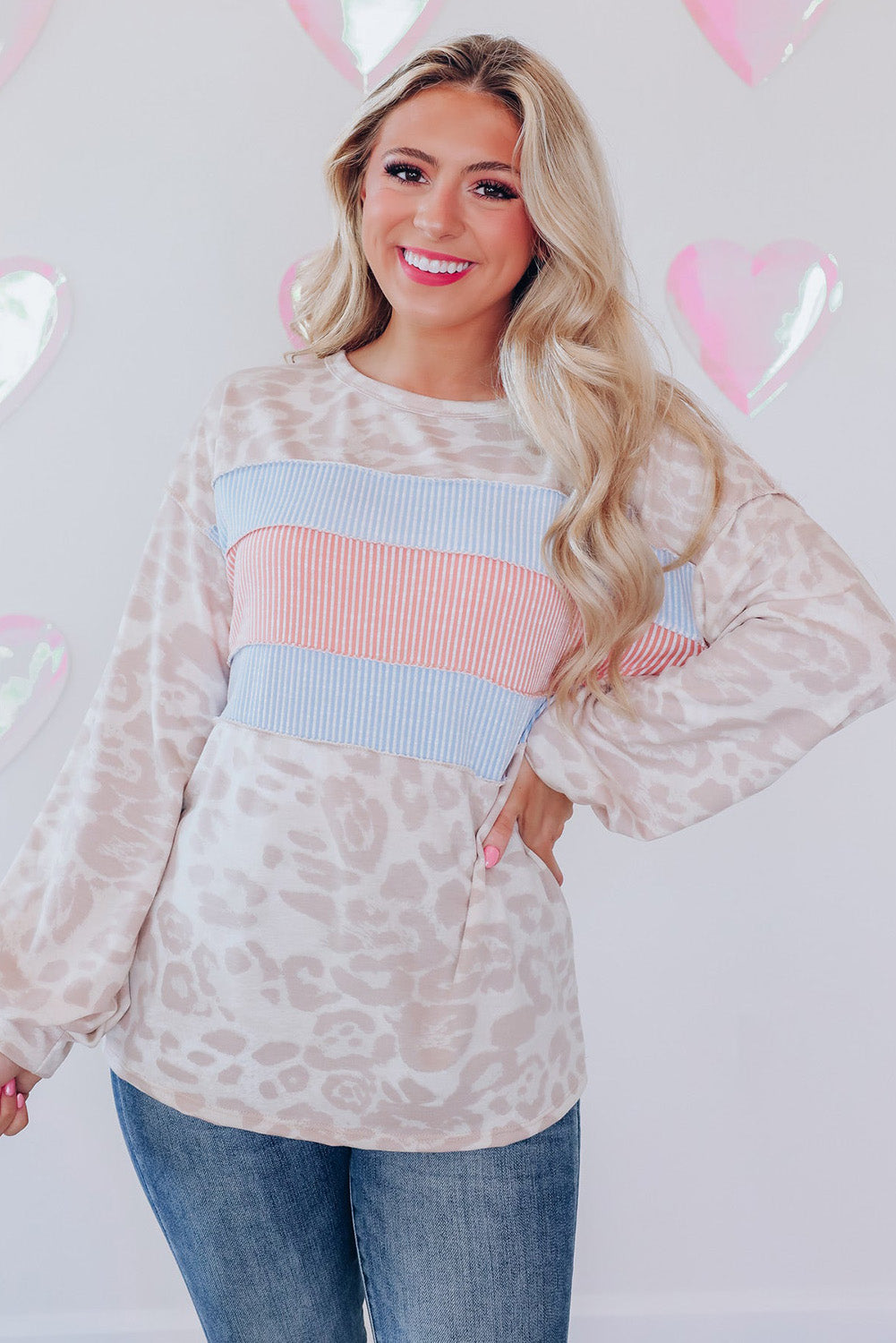 Leopard Animal Print Contrast Stripes Patchwork Puff Sleeve Knit Top-yoyobikini