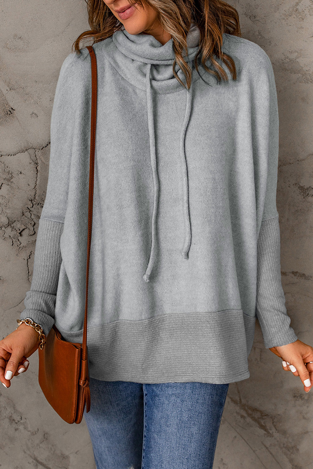 Gray Cowl Neck Contrast Dolman Sleeve Terry Pullover Top-yoyobikini