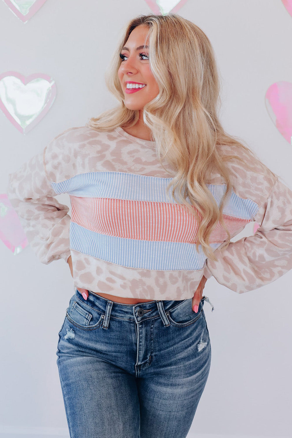 Leopard Animal Print Contrast Stripes Patchwork Puff Sleeve Knit Top-yoyobikini