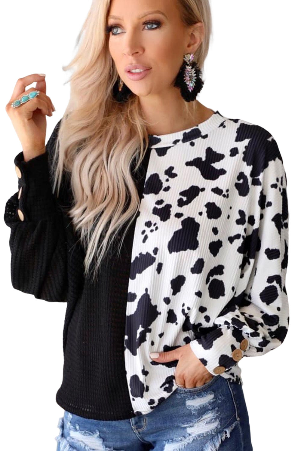 Black Cow Patchwork Waffle Knit Long Sleeve Top-yoyobikini