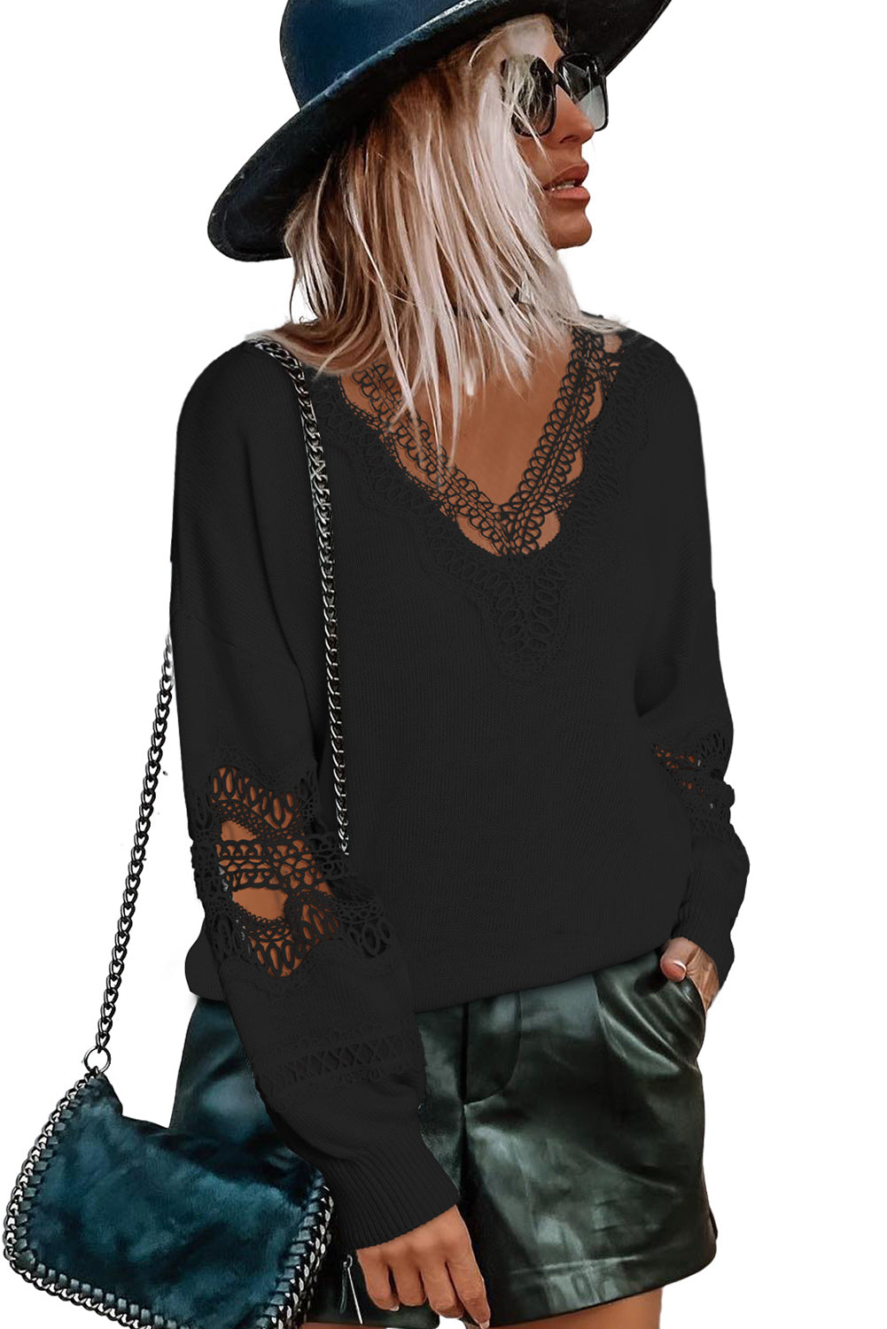 Black Hollowed Lace Splicing V Neck Loose Sweater-yoyobikini