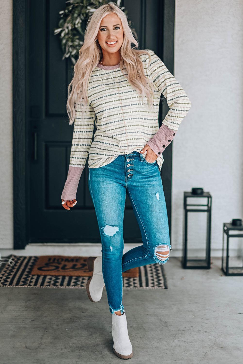 Waffle Knit Colorblock Buttoned Cuff Long Sleeve Blouse-yoyobikini