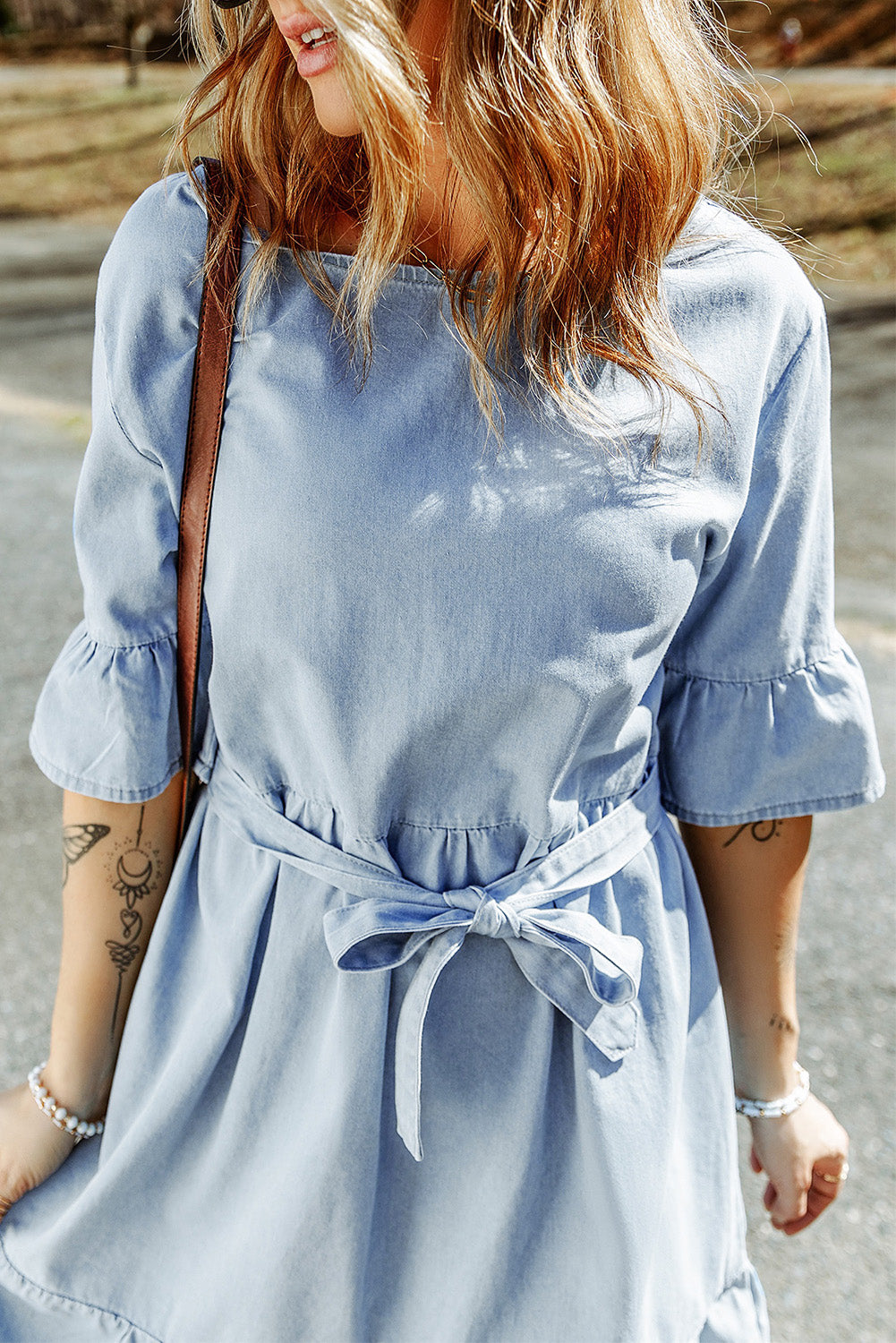 Sky Blue Ruffle Trim Half Sleeve Belted Denim Dress-yoyobikini
