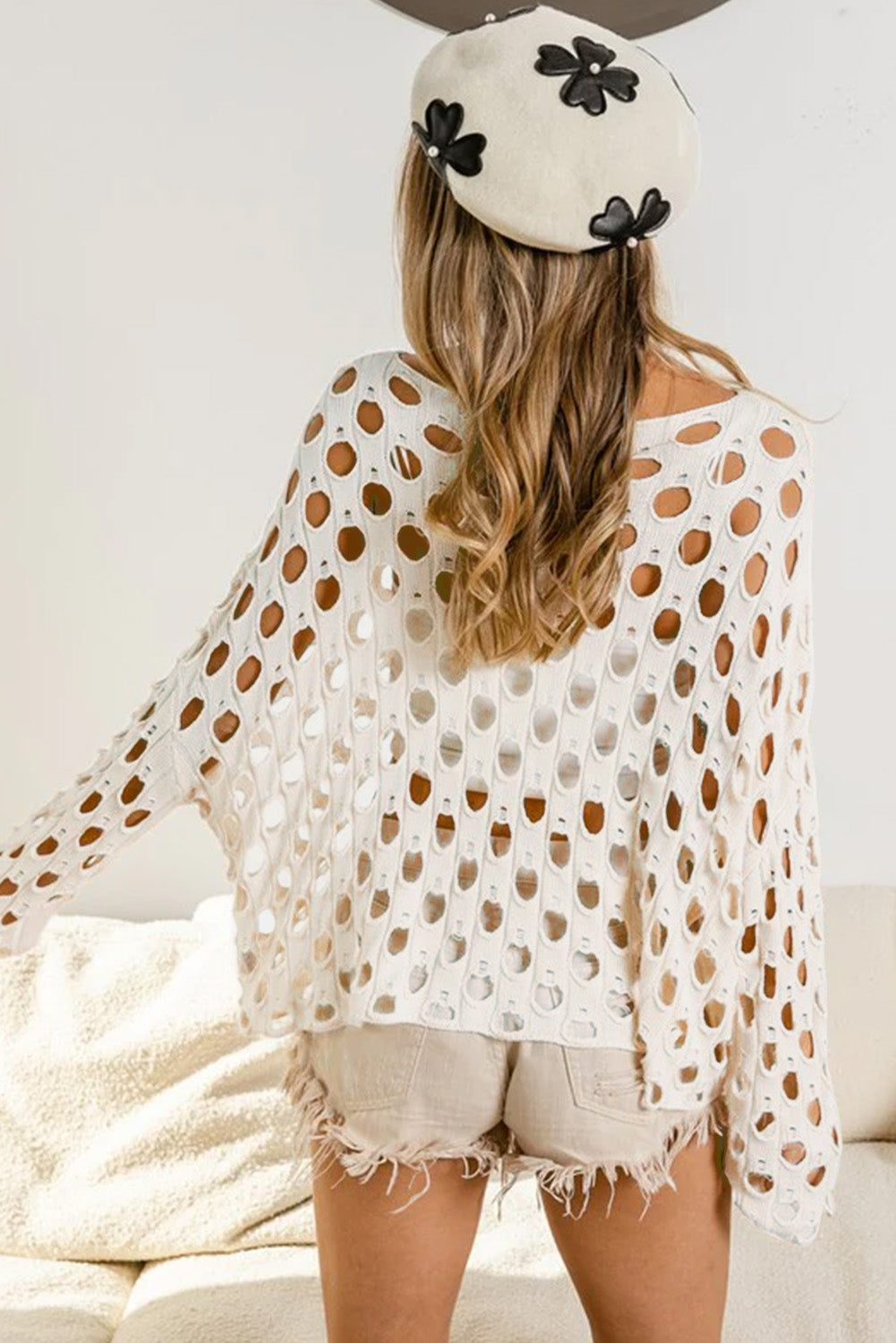 Beige Hollow-out Eyelet Knit Sweater-yoyobikini