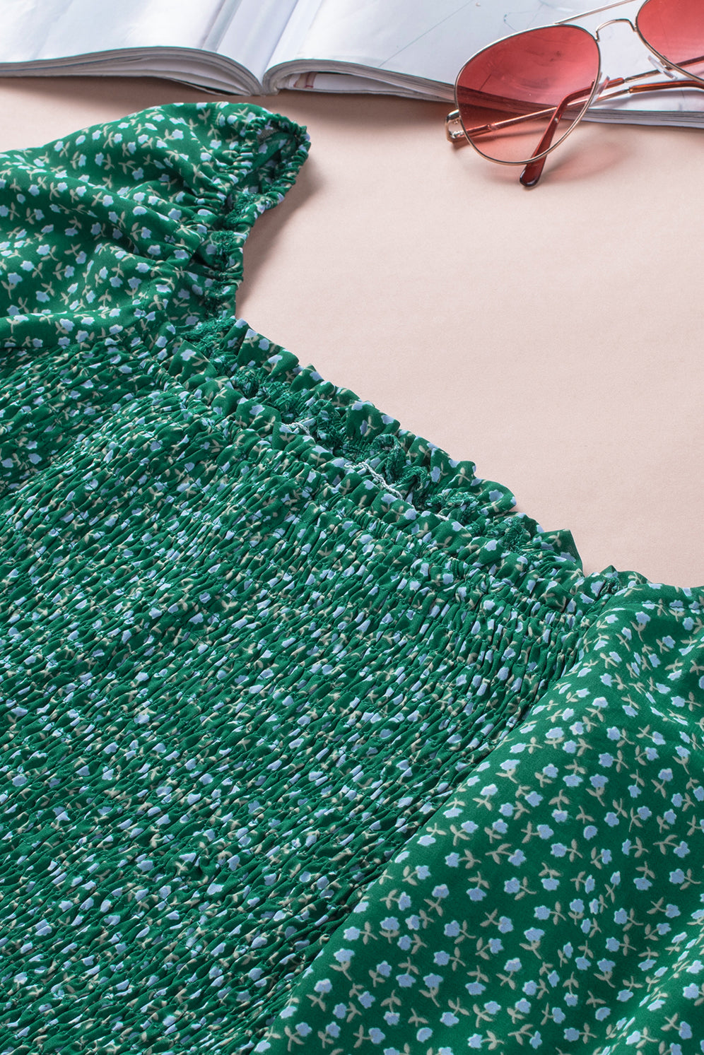 Green Square Neck Puff Sleeve Floral Smocked Top-yoyobikini