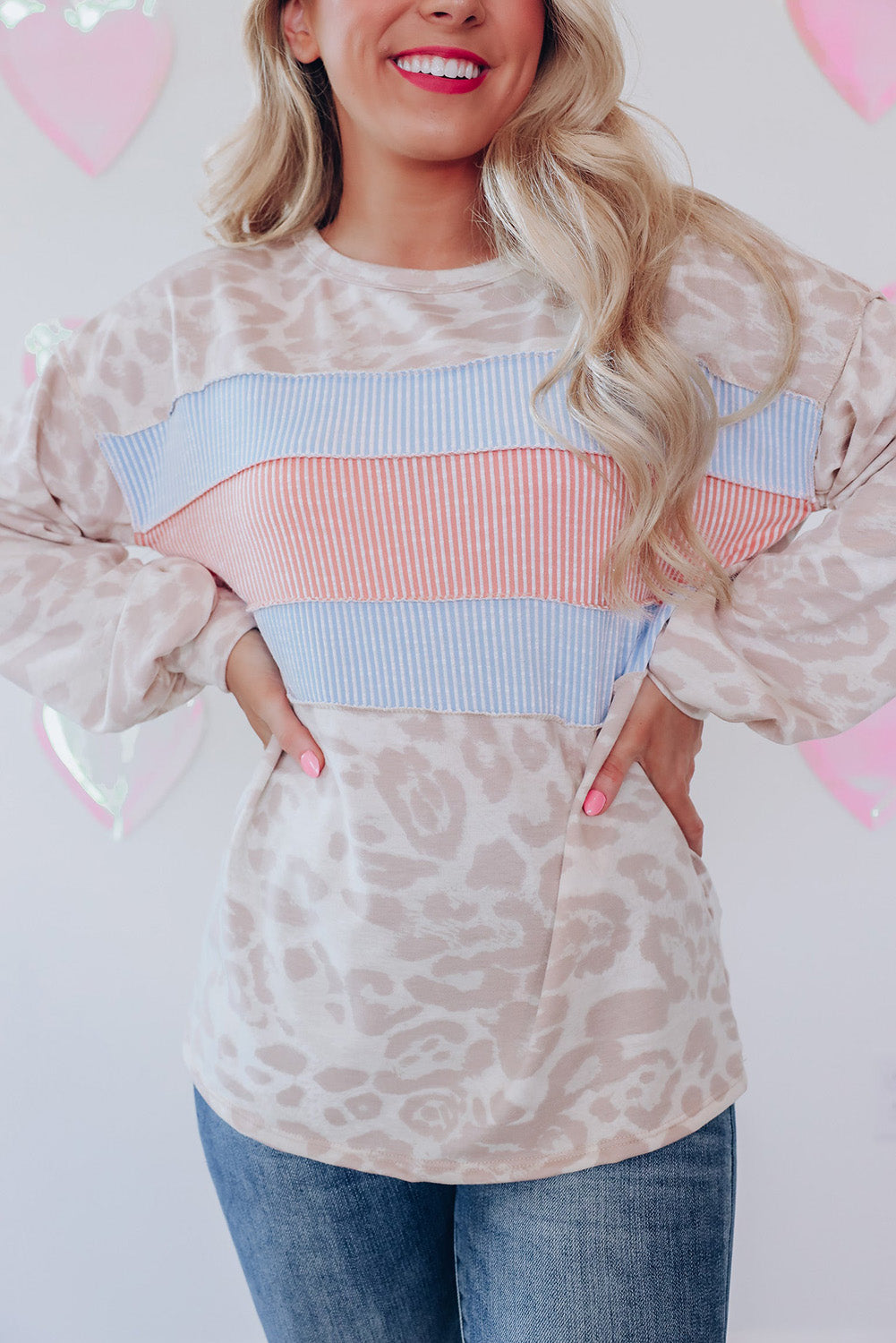 Leopard Animal Print Contrast Stripes Patchwork Puff Sleeve Knit Top-yoyobikini
