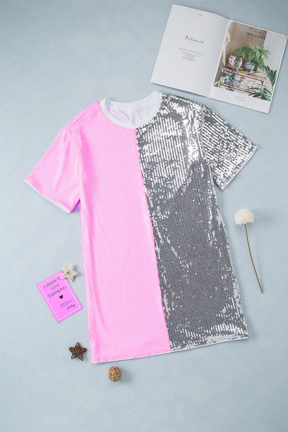 Pink Sequin Color Block Half Sleeve Shift Mini Dress-yoyobikini