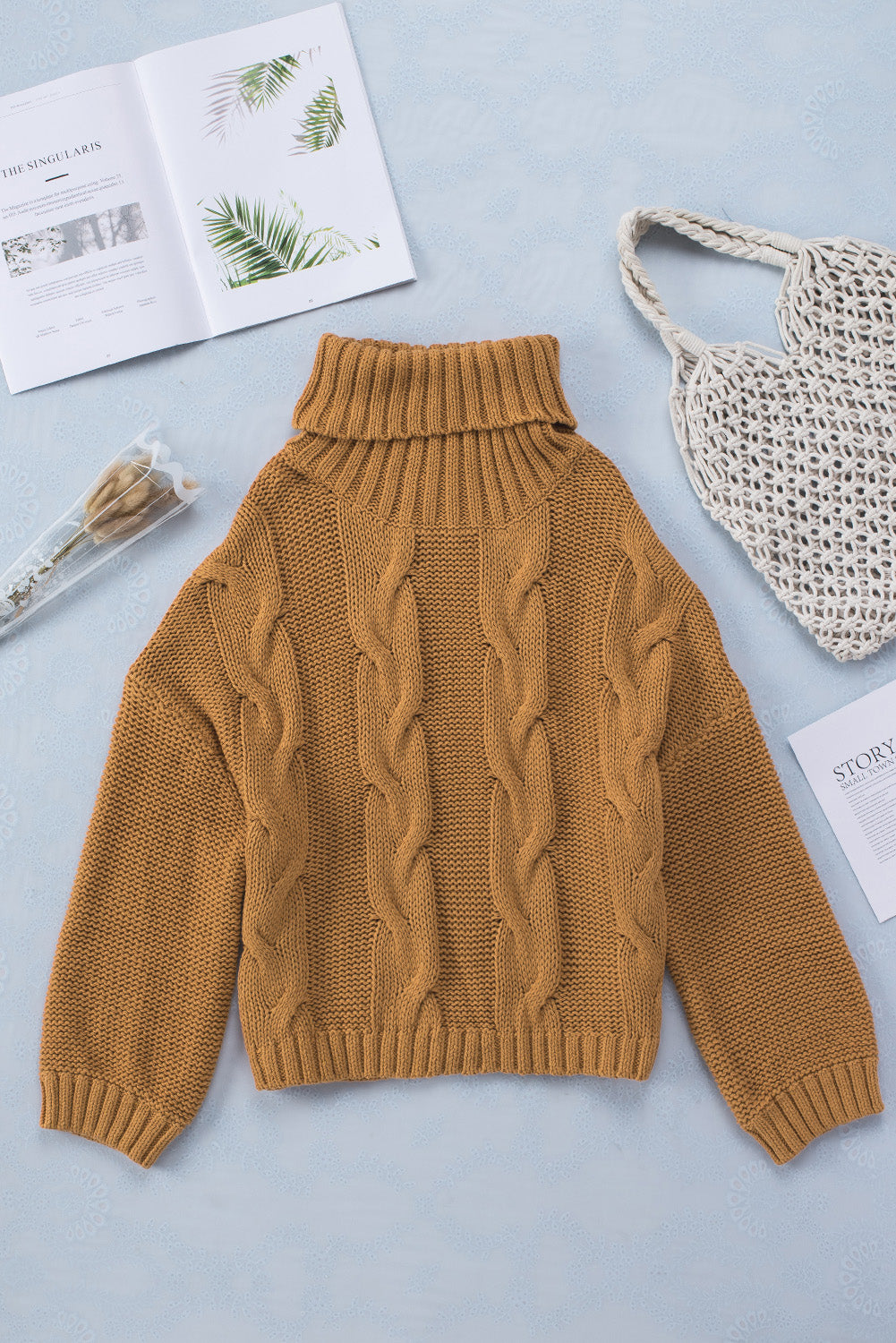 Cuddle Weather Cable Knit Handmade Turtleneck Sweater-yoyobikini