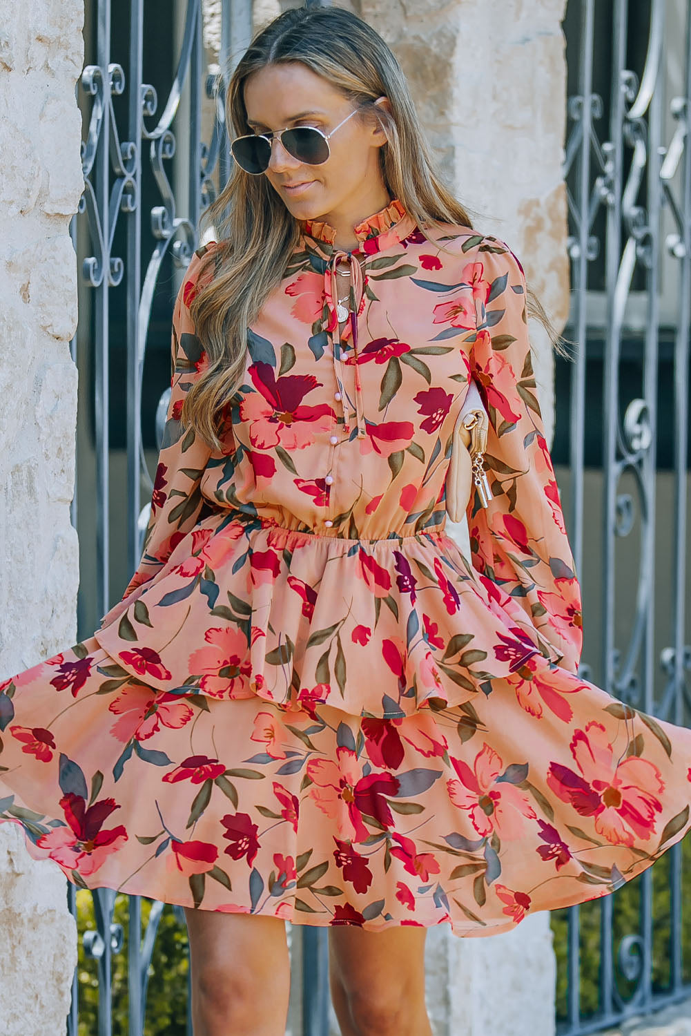 Red Frilled Collar Long Sleeve Floral Dress with Ruffle-yoyobikini