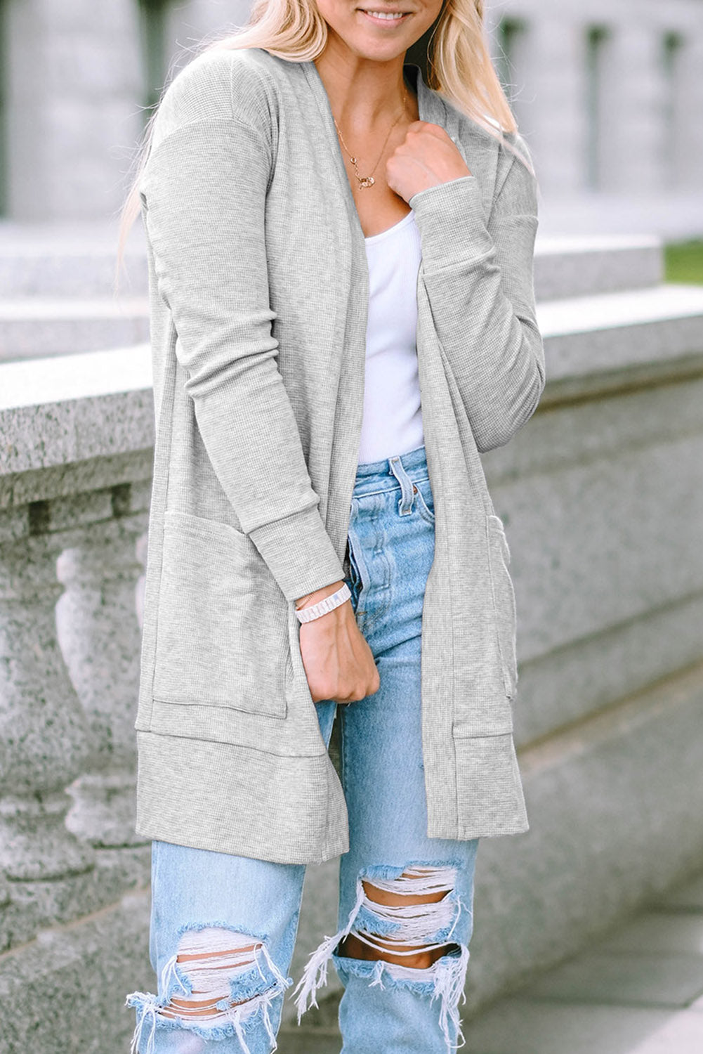 Light Gray Thermal Waffle Knit Pocketed Cardigan-yoyobikini