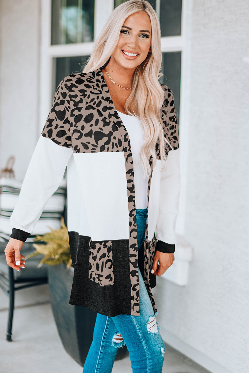 Leopard Block Cardigan with Pockets-yoyobikini