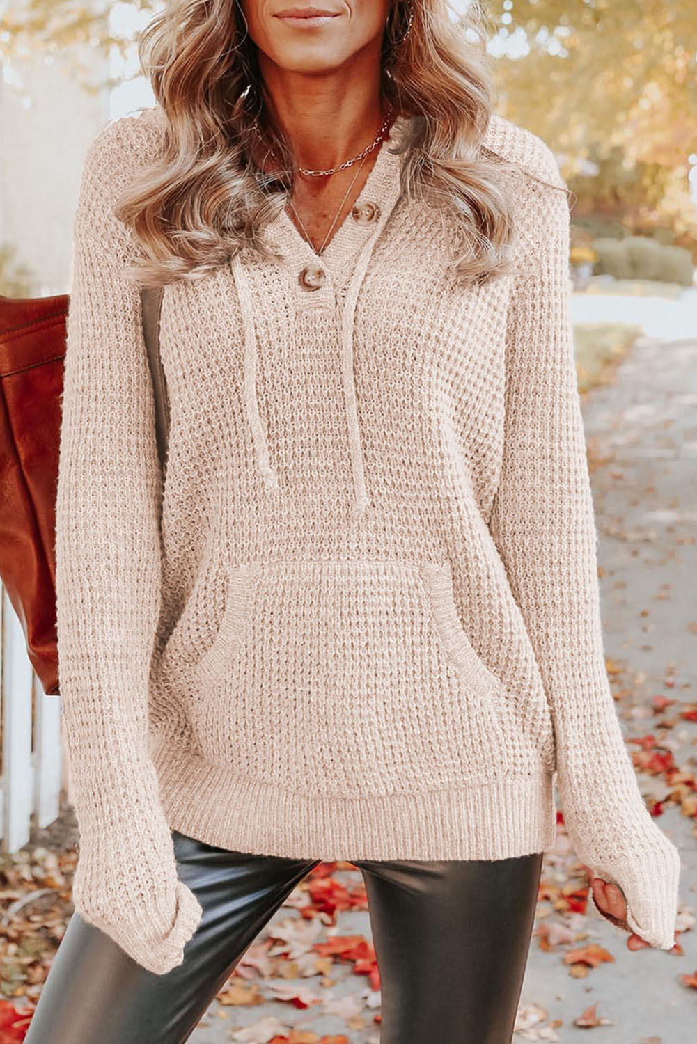 Apricot Waffle Knit Buttons Hooded Sweater with Pocket-yoyobikini
