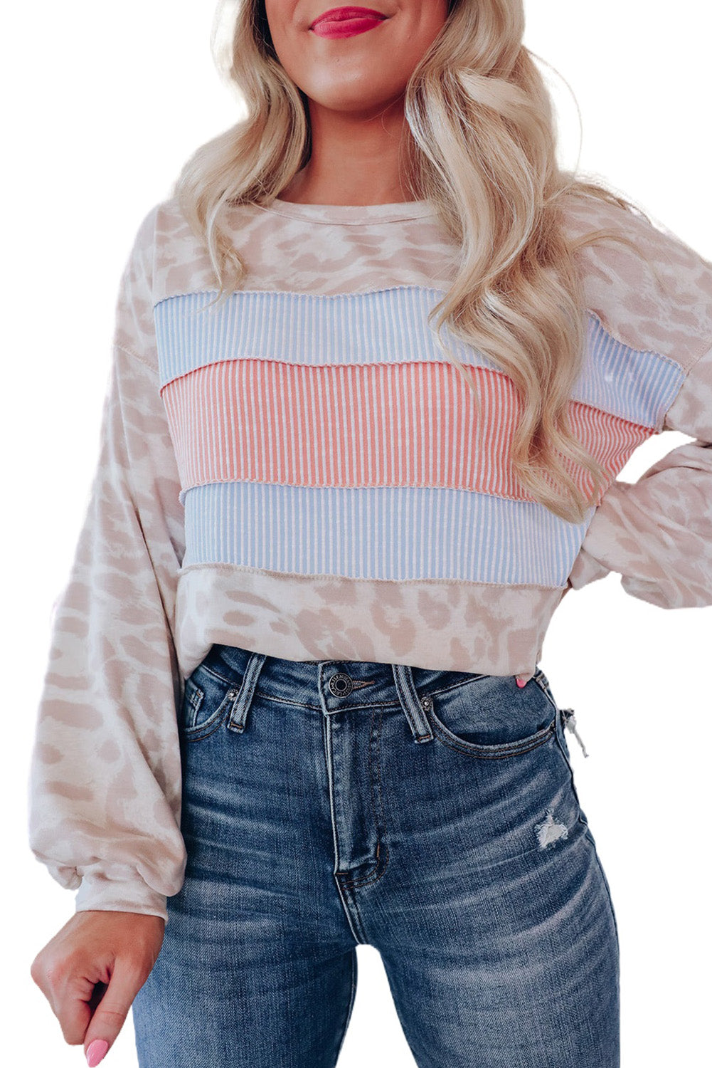 Leopard Animal Print Contrast Stripes Patchwork Puff Sleeve Knit Top-yoyobikini