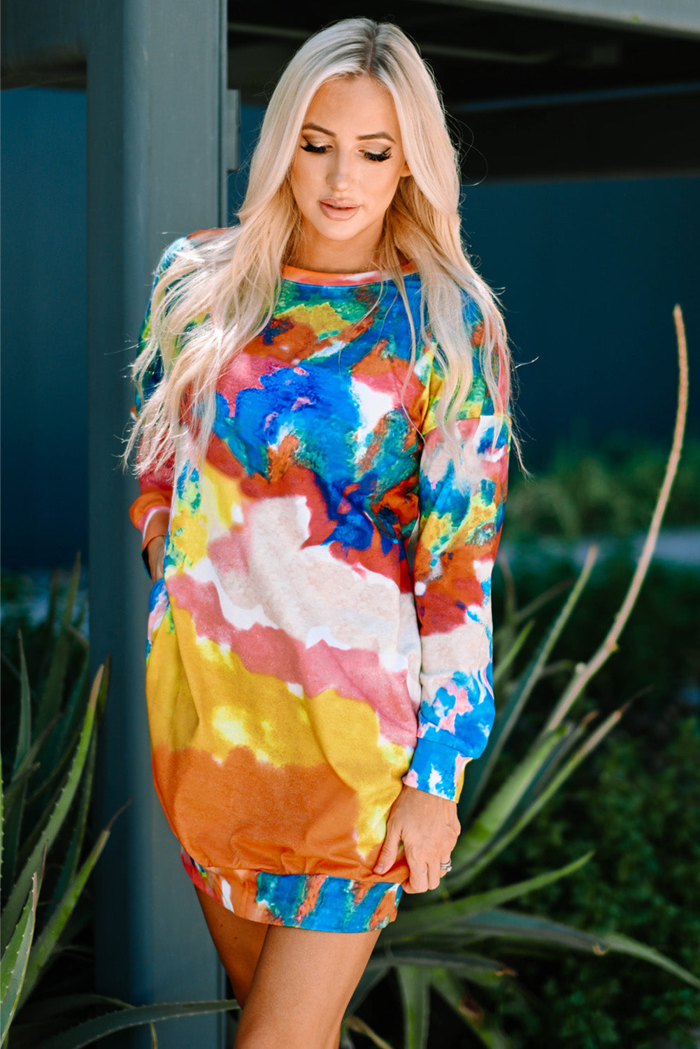 Multicolor Tie Dye Pocketed T Shirt Mini Dress-yoyobikini