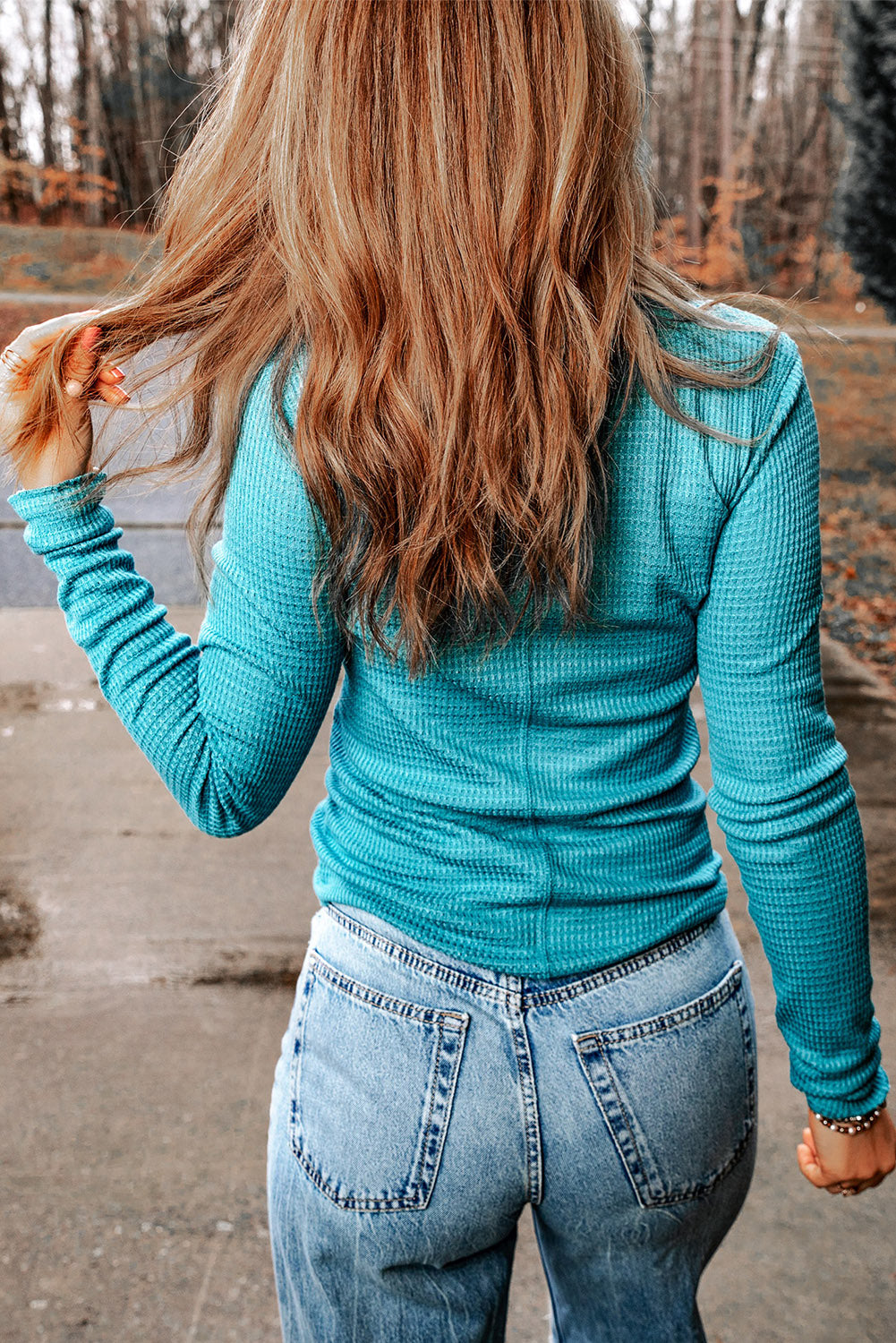 Sky Blue Waffle Knit Long Sleeve Buttoned Henley Top-yoyobikini