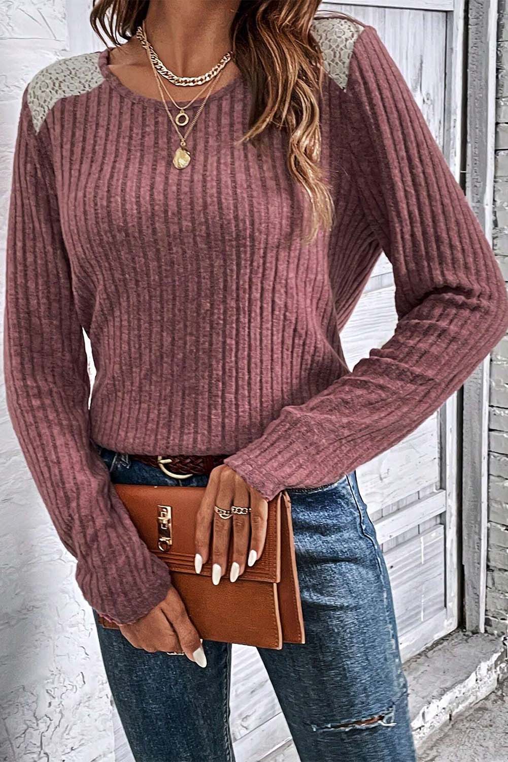 Pink Ribbed Knit Lace Patch Shoulder Casual Sweater-yoyobikini