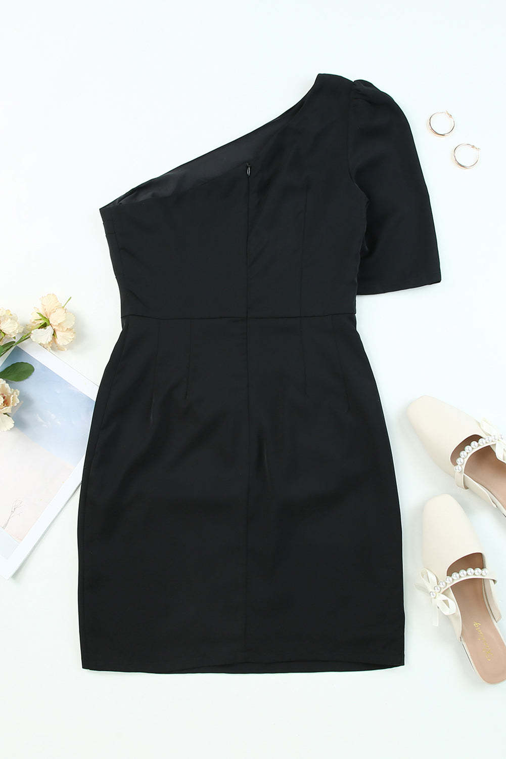 Black Single Short Sleeve Ruched Bodycon Dress-yoyobikini