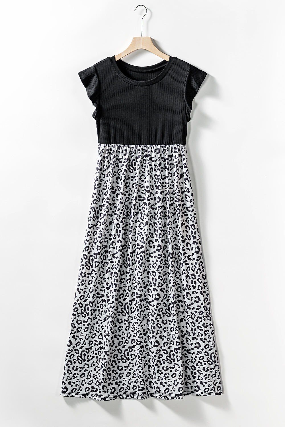 Black Leopard Patchwork Ribbed Maxi Dress with Pockets-yoyobikini