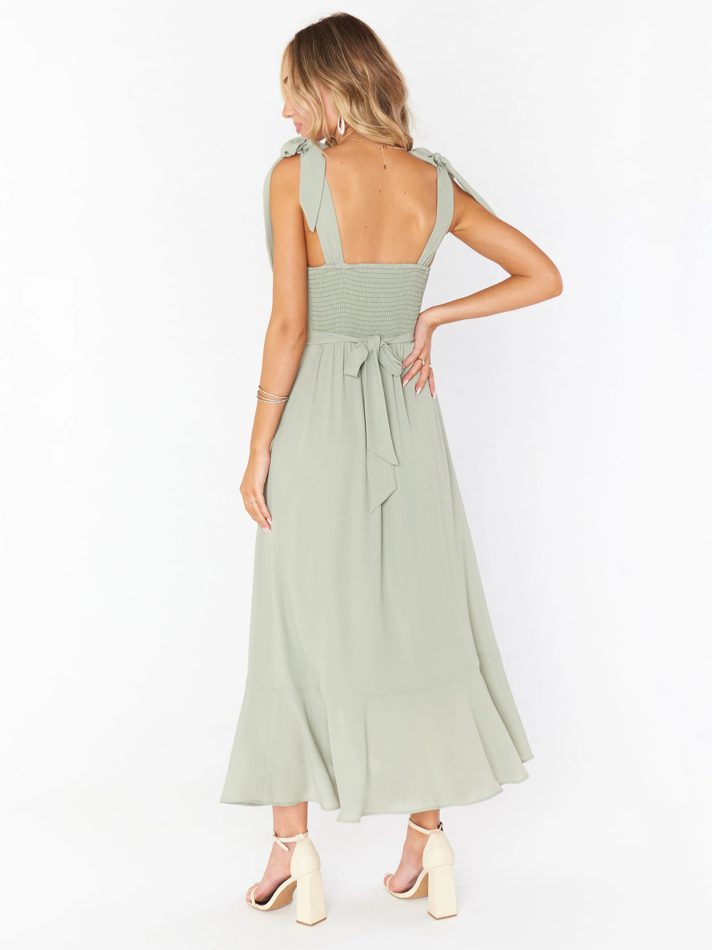 Birthday Midi Prom Dress Formal Square Collar Split Belted Pastel Green Bridesmaid Dress